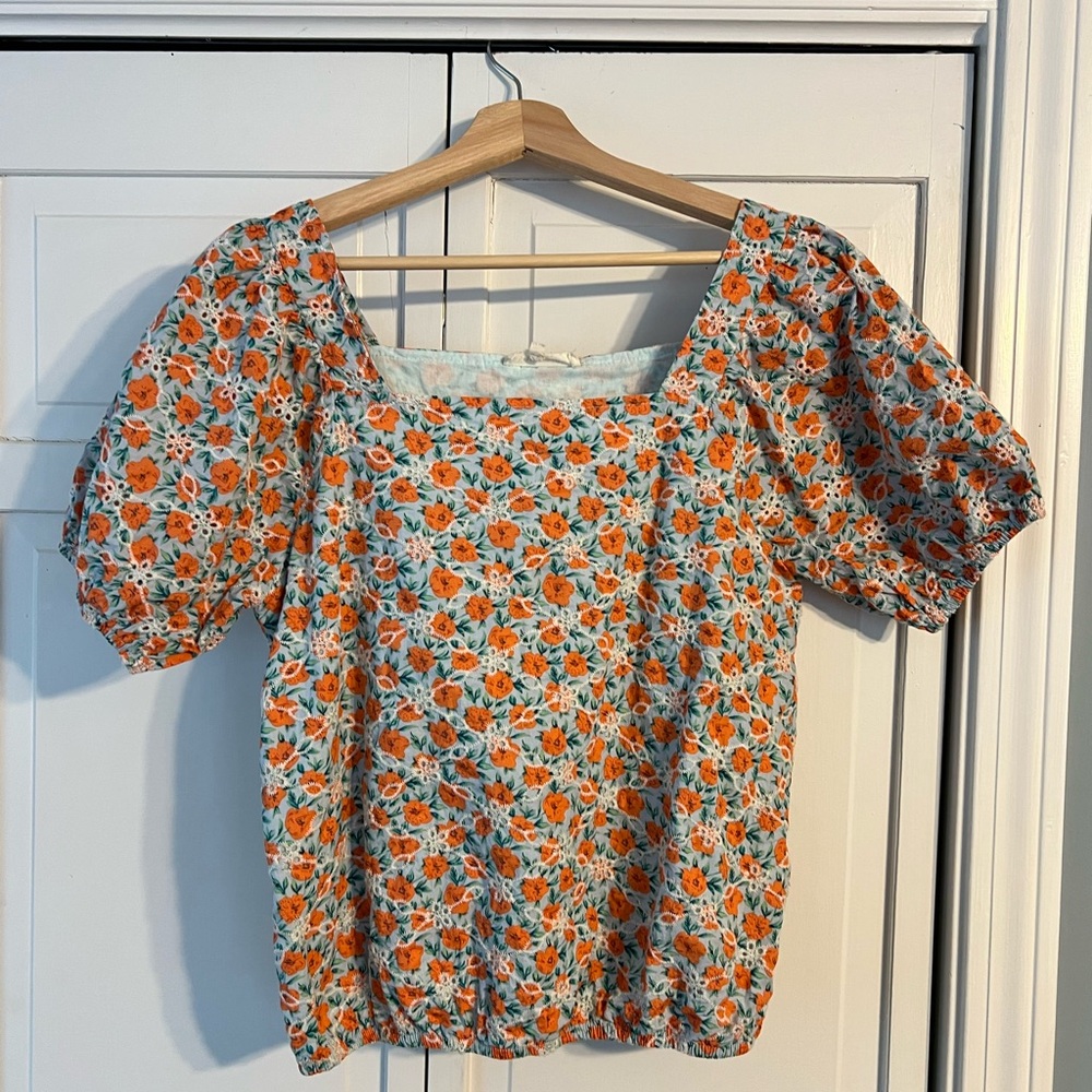 Solitaire Orange & Blue Floral Puff Sleeve Blouse XL